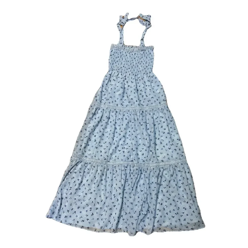 Lulus Women’s S Dress Blue Floral Print Tie-Strap Smocked Cottagecore Sundress